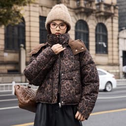 Detachable Hat Leopard Print Cotton Jacket Women's Fashion Winter Small Size Bread Style Top Coat Zipper Closure Long Sleeve