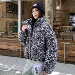Detachable Hat Leopard Print Cotton Jacket Women's Fashion Winter Small Size Bread Style Top Coat Zipper Closure Long Sleeve
