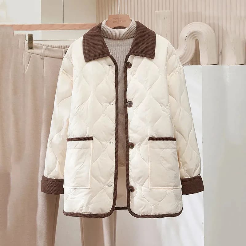 lapel Corduroy Diamond Grid Lightweight Cotton Jacket Women's 2025 Autumn Winter New Cotton-Padded Parkas Warm Coat Female Tops