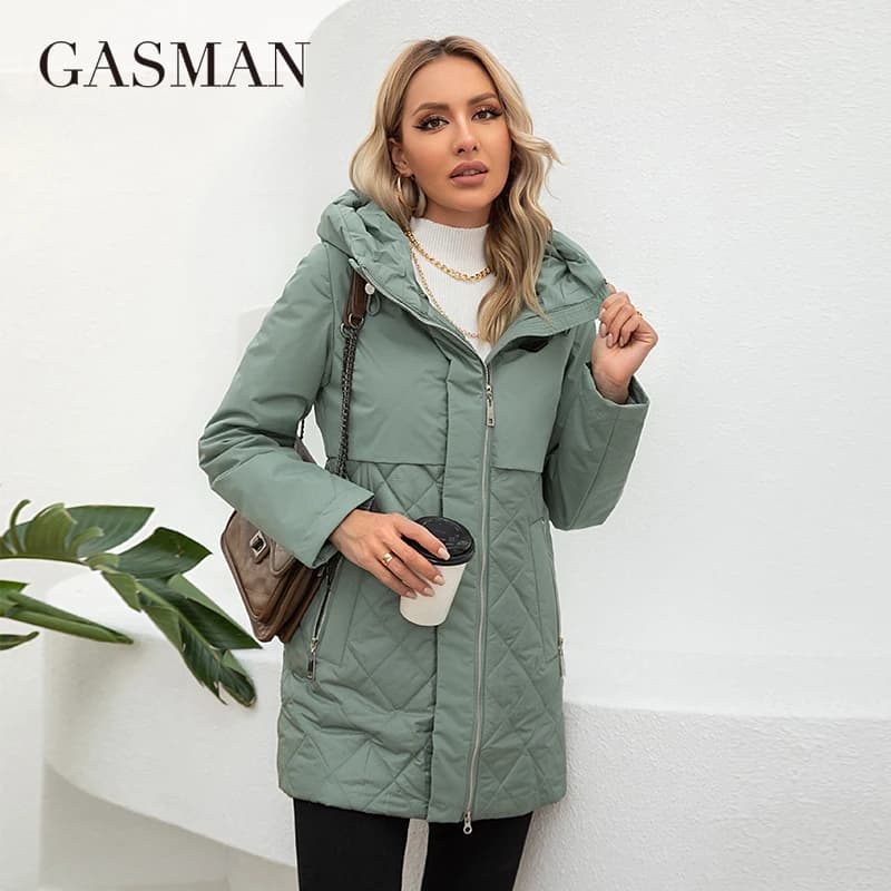 GASMAN New Women Jacket Spring 2023 High-Quality Mid-Length Women Coat Stitching Hooded Design Windproof Casual parkas 8226
