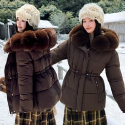 Faux Fur Hood Waist Drawstring Puffer Jacket Women Warm Winter Outerwear Zip Snap Button Mid‑Length Slim Fit Casual Coat New