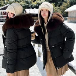 Faux Fur Hood Waist Drawstring Puffer Jacket Women Warm Winter Outerwear Zip Snap Button Mid‑Length Slim Fit Casual Coat New