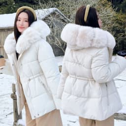 Faux Fur Hood Waist Drawstring Puffer Jacket Women Warm Winter Outerwear Zip Snap Button Mid‑Length Slim Fit Casual Coat New
