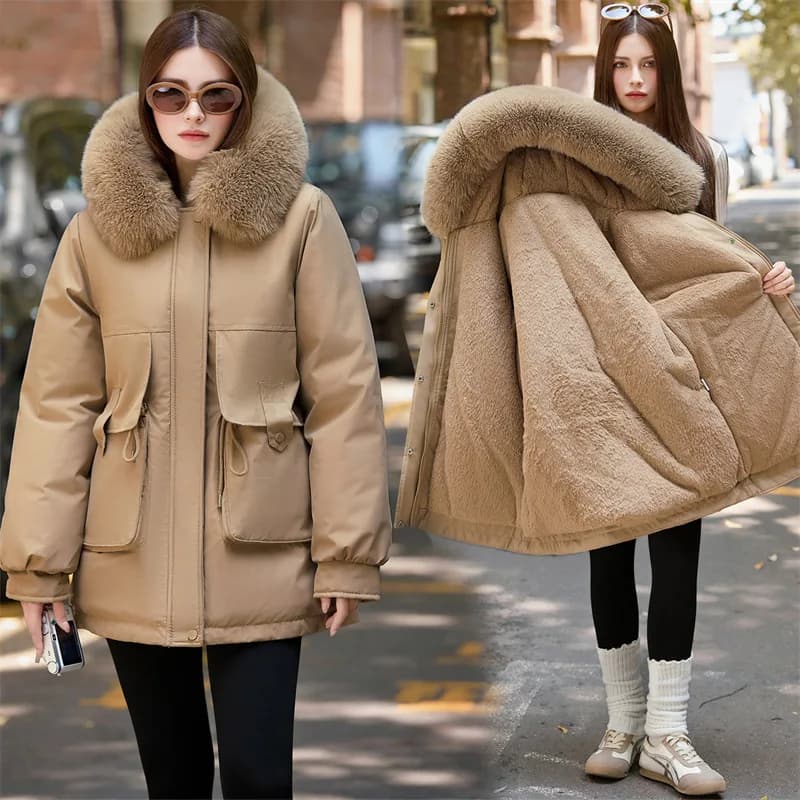 2026 Winter Jacket New Women Parka Clothes Mid Length Coat Wool Liner Hooded Jacket Fur Collar Thick Warm Snow Wear Padded Parka