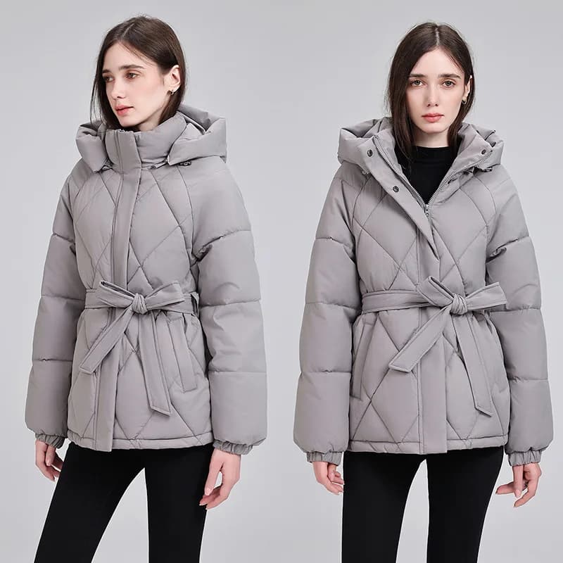Warm Quilted Puffer Coat Women Hooded Belted Waist Elastic Cuff Zip Closure Autumn Winter Cotton Jackets Chic New Outerwear