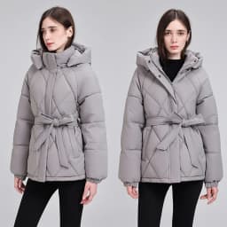Warm Quilted Puffer Coat Women Hooded Belted Waist Elastic Cuff Zip Closure Autumn Winter Cotton Jackets Chic New Outerwear