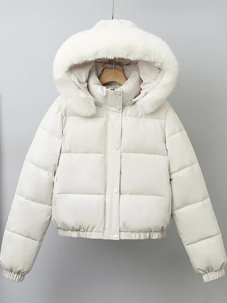 Detachable Hat Fleece Lined Bread Coat Women's Winter Casual Loose Large Fur Collar Cotton Jacket Korean Style Short Length
