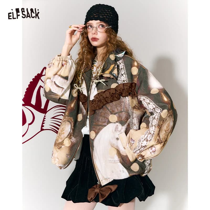 ELFSACK Magical Unicorn Jacket for Women – Cute Ruffled Bow, Lace & Polka Dot Design, Cozy Winter Streetwear Coat