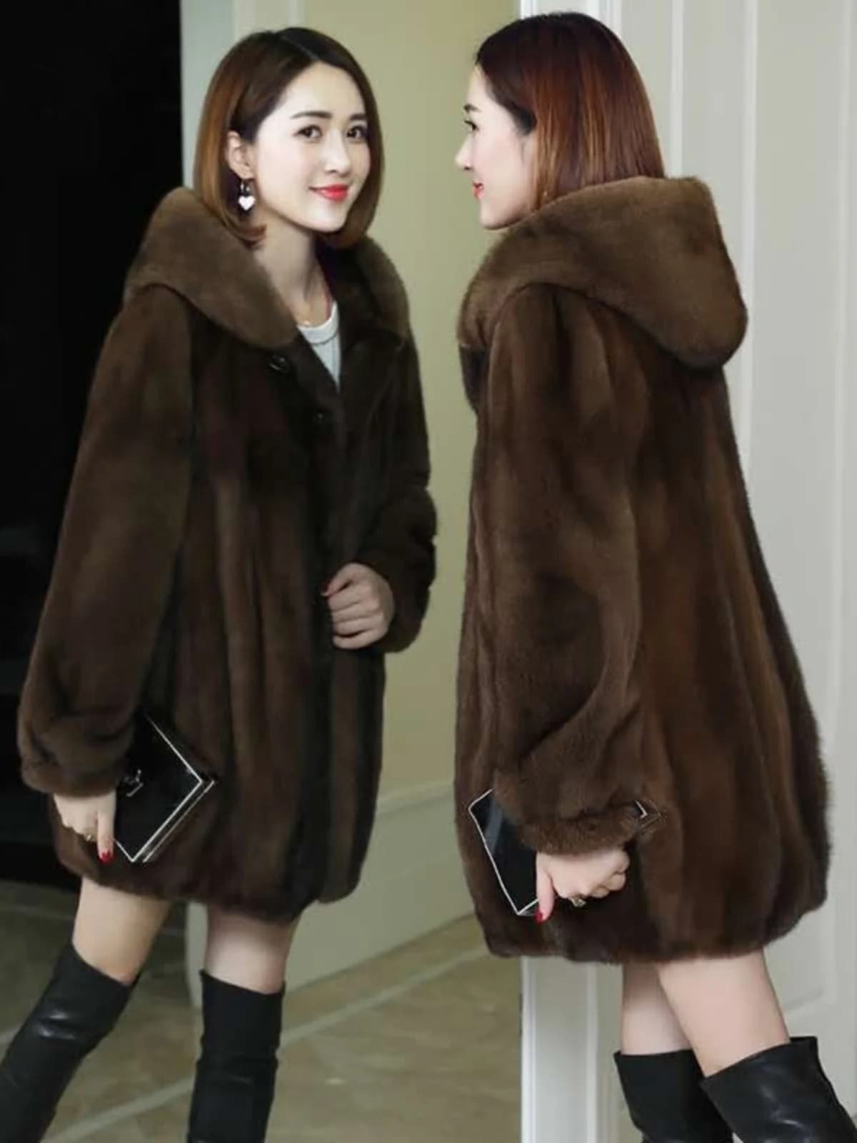 Thickened Medium-Length Faux Fur Plush Jacket Korean Style Slim Fit Double-Sided Winter Coat Women's Cotton-Polyester Blend