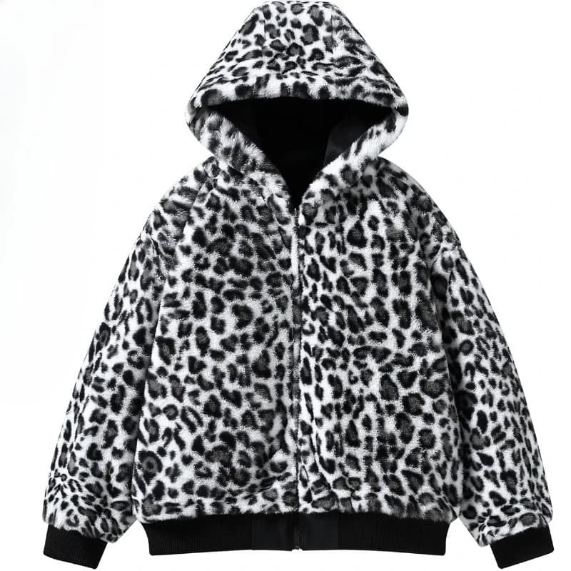 Women Double-sided Penetration Leopard Print Cotton Padded Jacket Winter Coat Parkas Velvet Warm Hooded Retro Female Outerwear