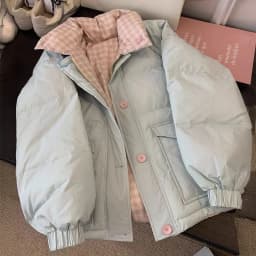 Chic Reversible Women Padded Jacket Contrast Plaid Coat Button Down Quilted Pink Buttons Winter Warm Preppy Retro Parkas