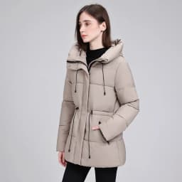Hooded Mid Length Puffer Coat Women Drawstring Waist Zip Snap Closure Zipper Pockets Loose Fit Winter Parkas Outerwear Trendy