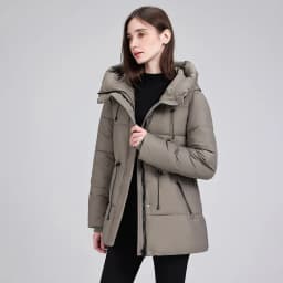 Hooded Mid Length Puffer Coat Women Drawstring Waist Zip Snap Closure Zipper Pockets Loose Fit Winter Parkas Outerwear Trendy
