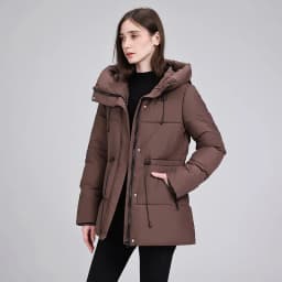 Hooded Mid Length Puffer Coat Women Drawstring Waist Zip Snap Closure Zipper Pockets Loose Fit Winter Parkas Outerwear Trendy