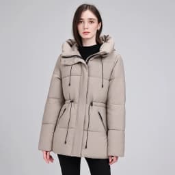 Hooded Mid Length Puffer Coat Women Drawstring Waist Zip Snap Closure Zipper Pockets Loose Fit Winter Parkas Outerwear Trendy