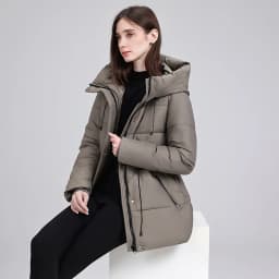 Hooded Mid Length Puffer Coat Women Drawstring Waist Zip Snap Closure Zipper Pockets Loose Fit Winter Parkas Outerwear Trendy