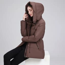 Hooded Mid Length Puffer Coat Women Drawstring Waist Zip Snap Closure Zipper Pockets Loose Fit Winter Parkas Outerwear Trendy