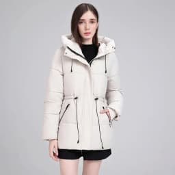 Hooded Mid Length Puffer Coat Women Drawstring Waist Zip Snap Closure Zipper Pockets Loose Fit Winter Parkas Outerwear Trendy