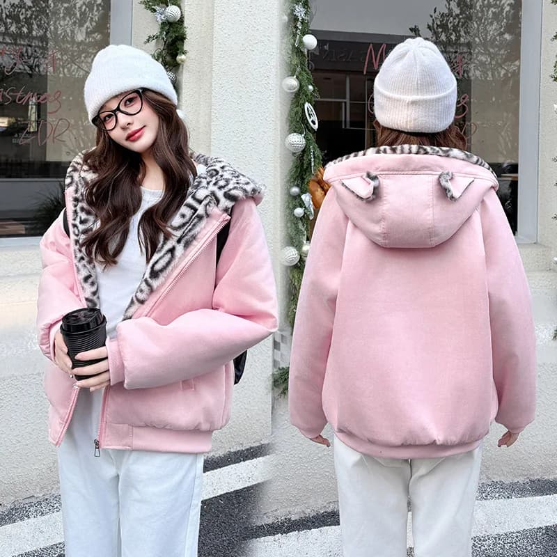 Winter Women Parkas Suede Leopard Print Cotton Padded Jacket New Thick Warm Hooded Cotton Clothes Female Outerwear Student Coat
