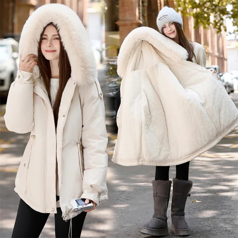 Winter Jacket 2026 New Women Parka Clothes Mid Length Coat Wool Liner Hooded Jacket Fur Collar Thick Warm Snow Wear Padded Parka