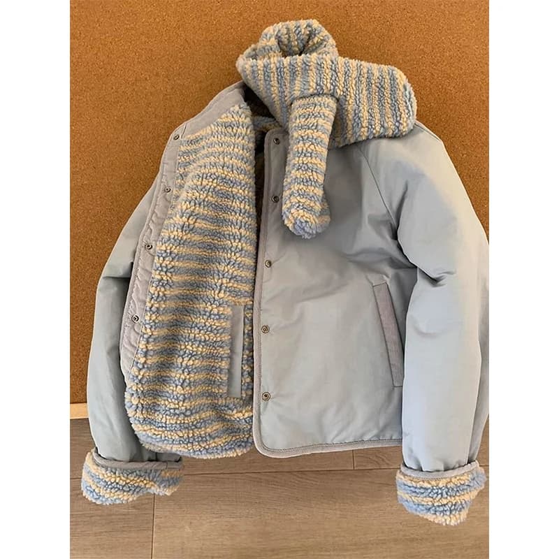 MEXZT with Scarf Parkas Women Fashion Lamb Wool Patchwork Puffer Jacket Korean Fleece Down Coats Winter Cotton Padded Outerwears