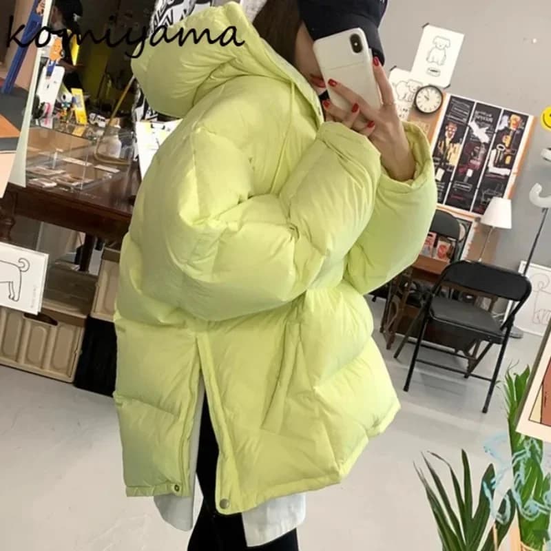 Korean Side Split 2026 Woman Outerwears Hooded Long Sleeve Parkas Winter Jacket Moda Chic Coats Loose Casual Clothes Women