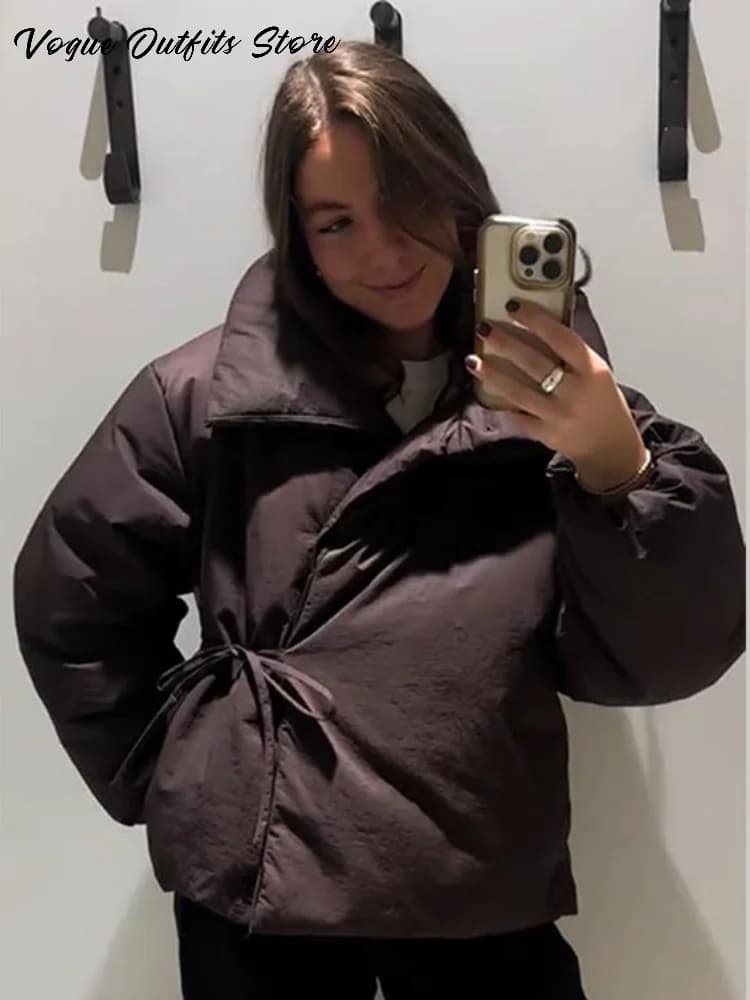 Fashion Lace Up Brown Cotton Jacket Women Loose Stand Collar Long Sleeve Thick Coat 2026 Autumn Winter Lady Warm Street Outwear
