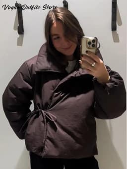 Fashion Lace Up Brown Cotton Jacket Women Loose Stand Collar Long Sleeve Thick Coat 2026 Autumn Winter Lady Warm Street Outwear