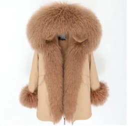 Maomaokong Winter Women Luxur Beige Fur Coat Natural Real Fox Fur Waterproof Jacket Hooded Thick Warm Fashion Long Black Parkas