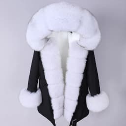 Maomaokong Winter Women Luxur Beige Fur Coat Natural Real Fox Fur Waterproof Jacket Hooded Thick Warm Fashion Long Black Parkas