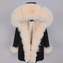 Maomaokong Winter Women Luxur Beige Fur Coat Natural Real Fox Fur Waterproof Jacket Hooded Thick Warm Fashion Long Black Parkas