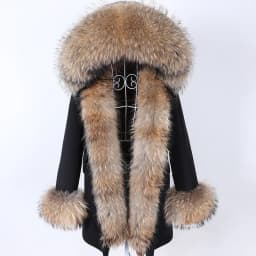 Maomaokong Winter Women Luxur Beige Fur Coat Natural Real Fox Fur Waterproof Jacket Hooded Thick Warm Fashion Long Black Parkas