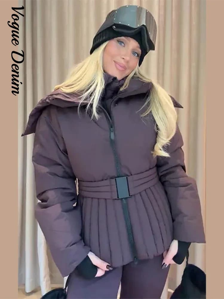Casual Hoodie Thicken Belts Coats Women Solid Full Sleeve Stand Collar Closed Zippers Coat Female 2025 Winter Lady Outwears