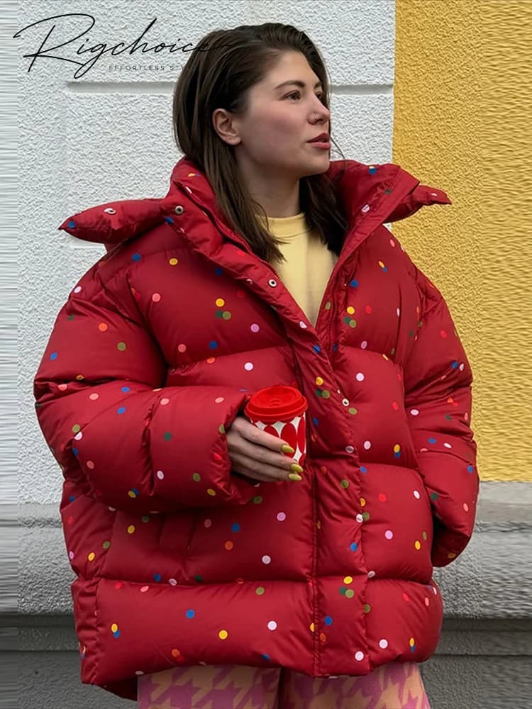 Polka Dot Padded Coat Color‑block Hooded Stand Collar Zipper Buttons Oversized Jacket 2026 Winter Women Warm Chic Casual Outfits