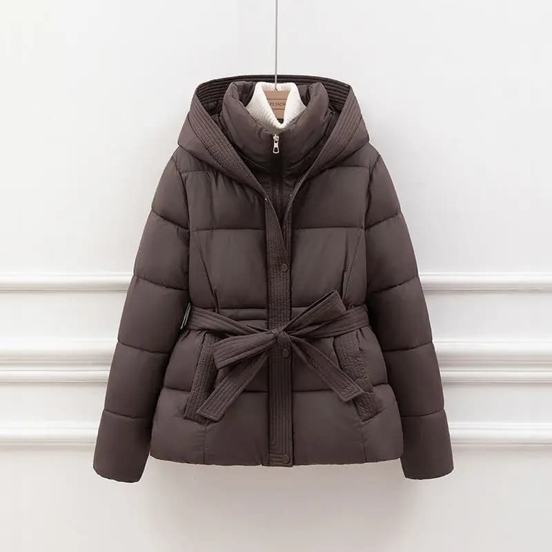 2026 New Winter Jacket Women Warm Parkas Long Sleeve Tops Casual Cotton Padded Jackets Belt Black Brown Hooded Outwear Female