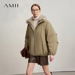 AMII Women's Jacket 2025 Winter New Loose Medium And Long Fur Collar Long Sleeve Zipper Casual Warm Parkas Jacket Woman 12544100