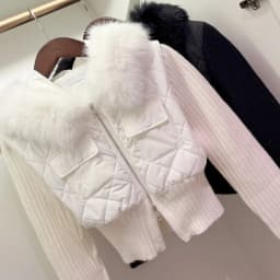 Women's Winter Knitted Jacket Double Zipper Waist Cinching Fur Collar Cotton Top Leatherette Slimming Outerwear Coat