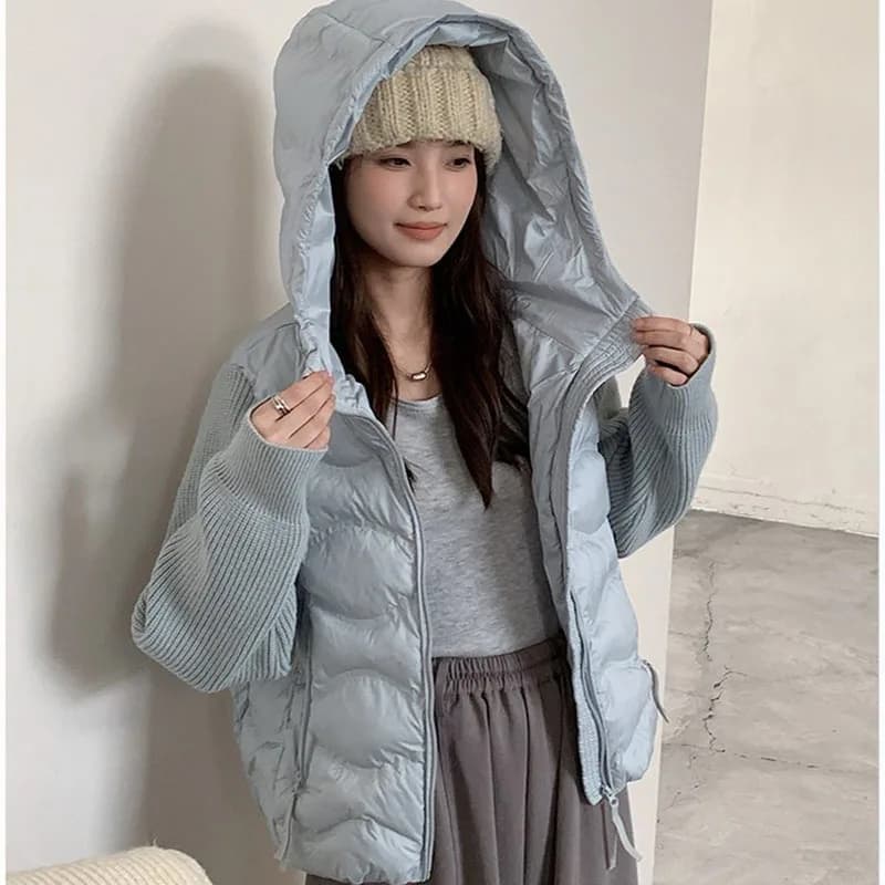 Solid Knitted Long Sleeve Cotton Jacket Autumn Winter Hooded Lightweight Warm Puffer Jackets Female Zipper Short Padded Parkas