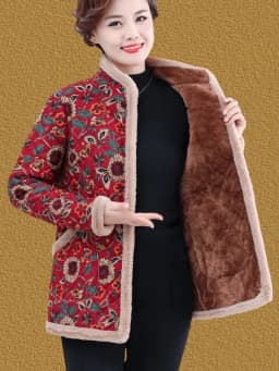 Women's Fleece Lined Thickened Cotton Jacket Loose Fit Warm Coat Floral Patterned Autumn Winter Wear for Middle Aged And Elderly