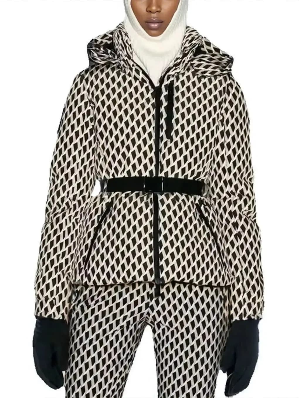 Women's Fashion Winter Hooded High Waist Padded Sport Coats Belt Parka Female Elegant Thick Warm Pocket Windproof Skiing Jackets