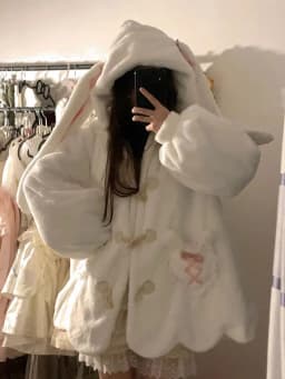 Fleece Lined Thickened Lamb Velvet Jacket Women's Autumn Winter Small Size Cute Rabbit Ear Hoodie Cotton Coat Korean Style