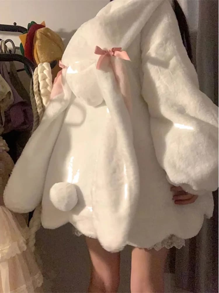 Fleece Lined Thickened Lamb Velvet Jacket Women's Autumn Winter Small Size Cute Rabbit Ear Hoodie Cotton Coat Korean Style