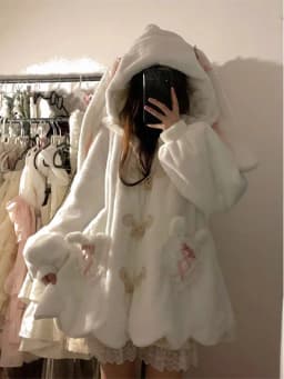 Fleece Lined Thickened Lamb Velvet Jacket Women's Autumn Winter Small Size Cute Rabbit Ear Hoodie Cotton Coat Korean Style