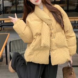 Yellow Polka Dot Corduroy Padded Jacket Women Autumn Winter Cross V Neck Puffer Jackets Female Loose Daily Wear Thick Outerwear