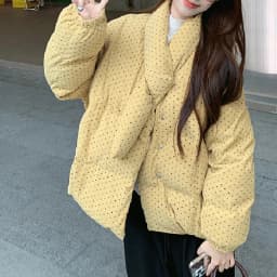 Yellow Polka Dot Corduroy Padded Jacket Women Autumn Winter Cross V Neck Puffer Jackets Female Loose Daily Wear Thick Outerwear