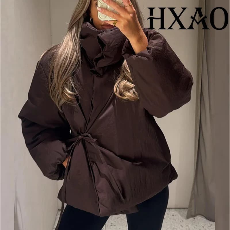 HXAO Women's Winter Jacket Parkas Padding Quilted Jacket Woman Warm High Neck Short Padded Jacket Tied Long Sleeve Coat Ladies