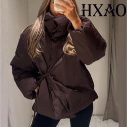 HXAO Women's Winter Jacket Parkas Padding Quilted Jacket Woman Warm High Neck Short Padded Jacket Tied Long Sleeve Coat Ladies