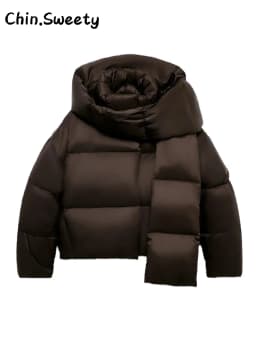 Warm Women's Detachable Scarf Collar Hooded Cotton Coat Solid Full Sleeve Buttons Pocket Thicken Jacket 2025 Winter Lady Outwear