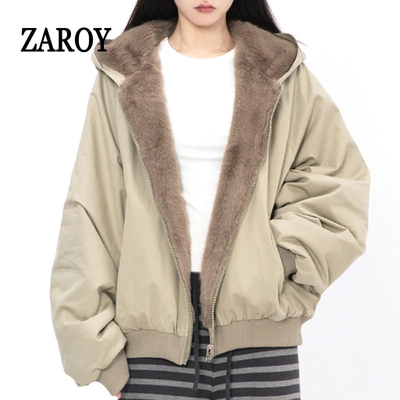 ZAROY Women Winter Jacket Double-Sided Wear Coat Casual Loose Zipper Hooded Parka Thick Warm Windproof Y2K Gothic Outwear куртка