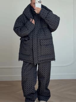 Fashion Print Hooded Puffer Coat Set Women Quilted High Neck Full Sleeve Zip Pockets Jacket Wide Leg Pants 2026 Winter Warm Sets